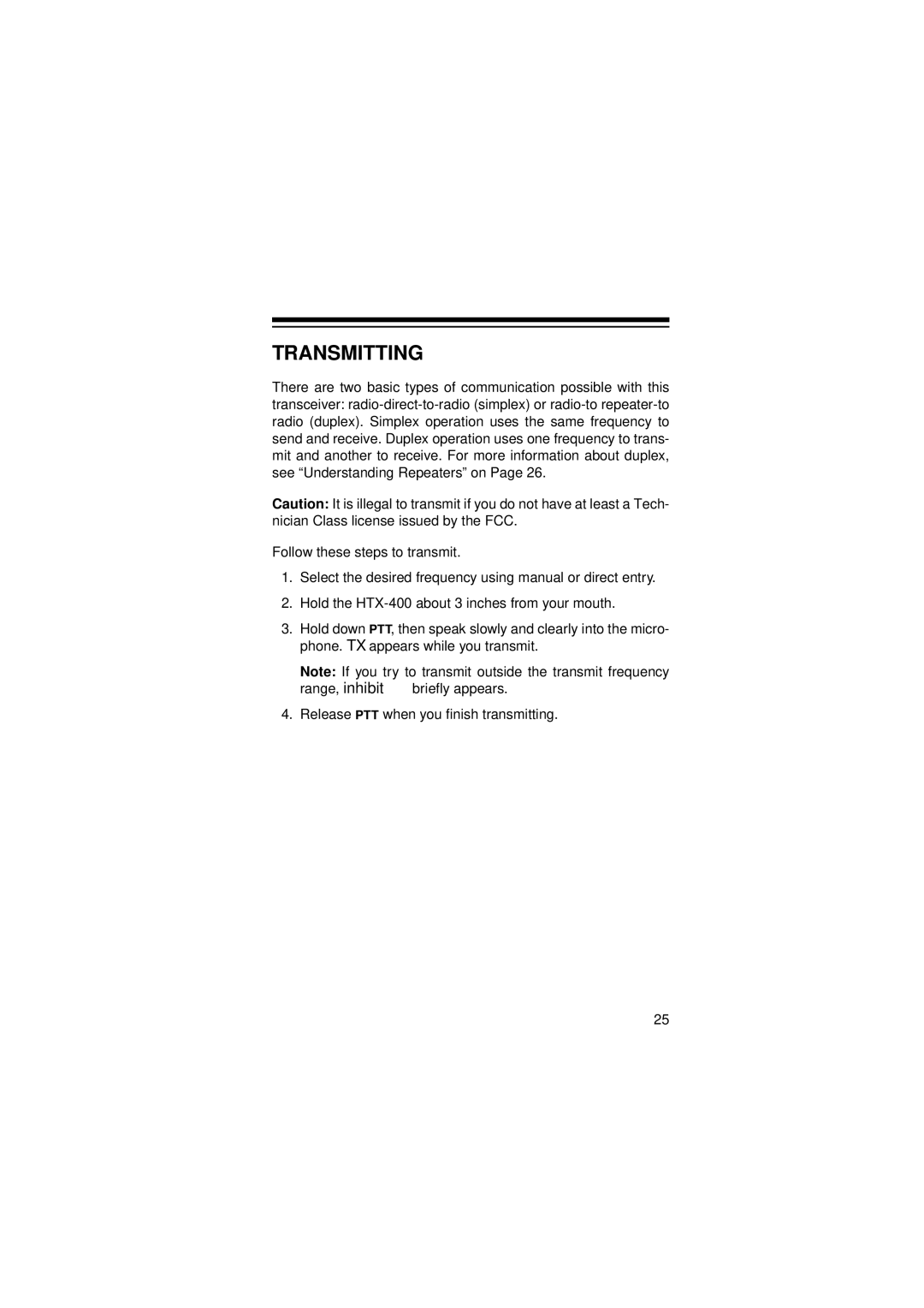 Radio Shack HTX-400 owner manual Transmitting 