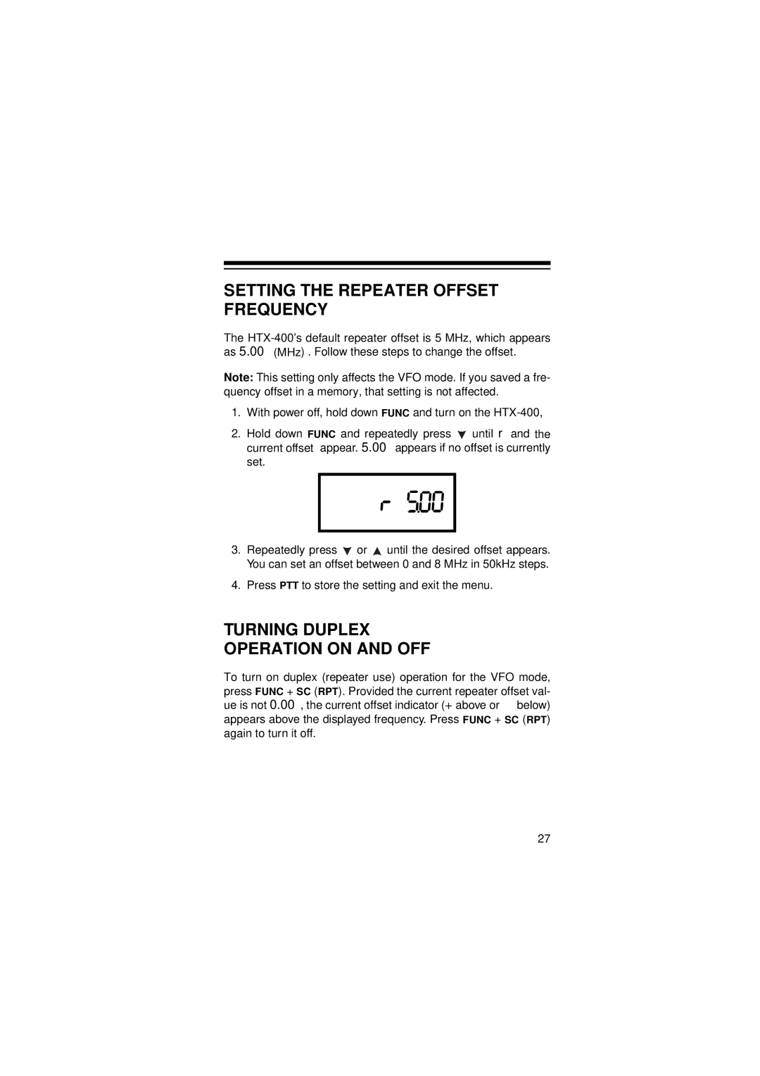 Radio Shack HTX-400 owner manual Setting the Repeater Offset Frequency, Turning Duplex Operation on and OFF 