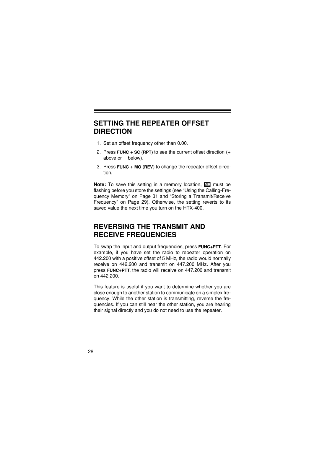 Radio Shack HTX-400 owner manual Setting the Repeater Offset Direction, Reversing the Transmit and Receive Frequencies 