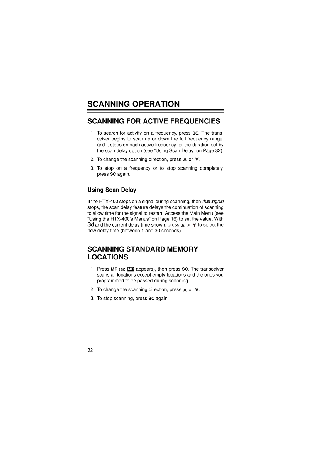 Radio Shack HTX-400 owner manual Scanning Operation, Scanning for Active Frequencies, Scanning Standard Memory Locations 