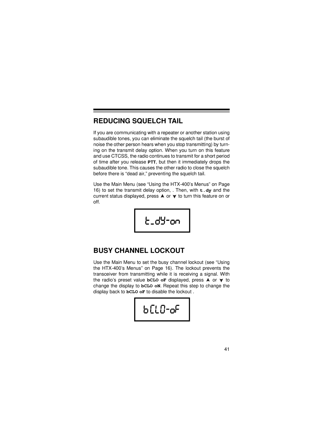 Radio Shack HTX-400 owner manual Reducing Squelch Tail, Busy Channel Lockout 