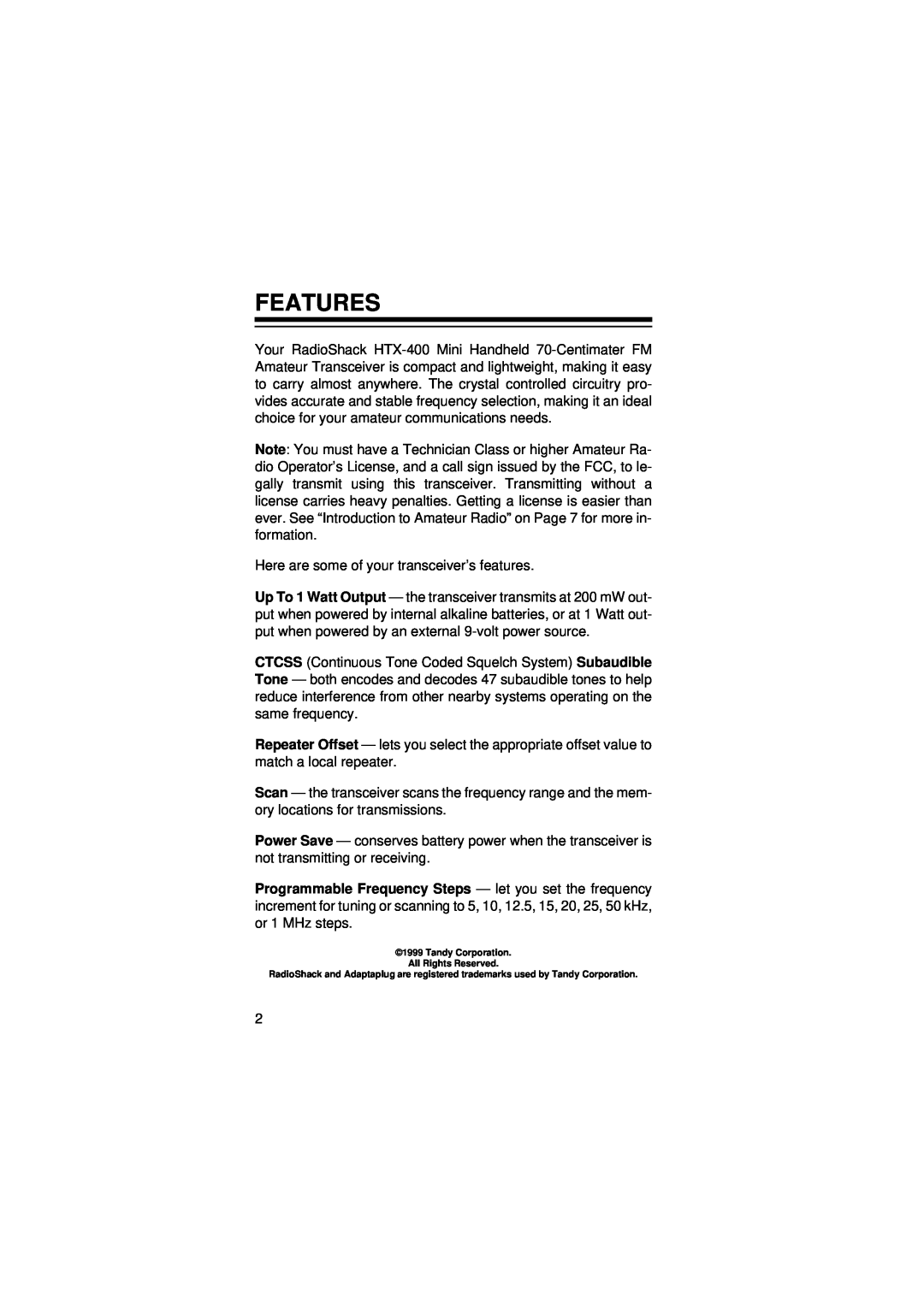 Radio Shack HTX-400 owner manual Features 