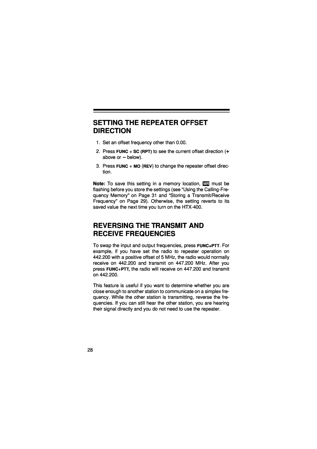 Radio Shack HTX-400 owner manual Setting The Repeater Offset Direction, Reversing The Transmit And Receive Frequencies 