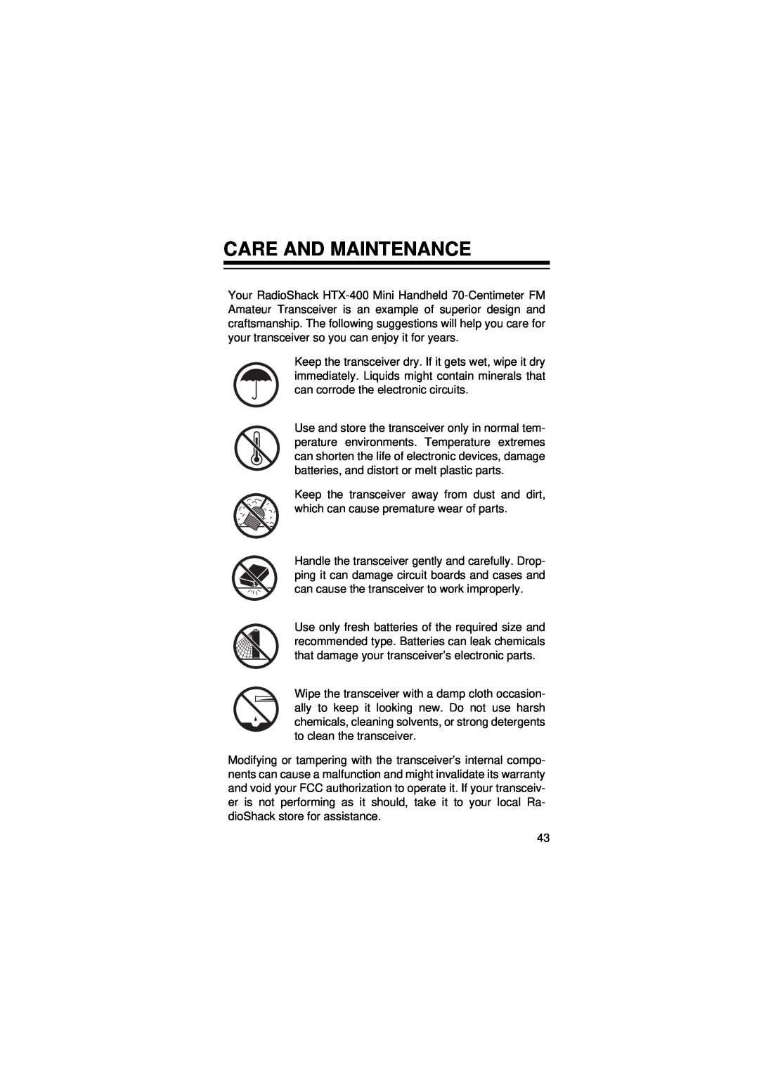 Radio Shack HTX-400 owner manual Care And Maintenance 