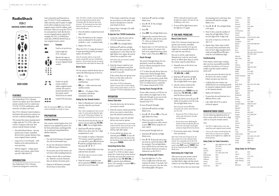 Radio Shack ITZA 2 manual User Guide Features, Introduction, Preparation, Operation, If YOU have Problems 