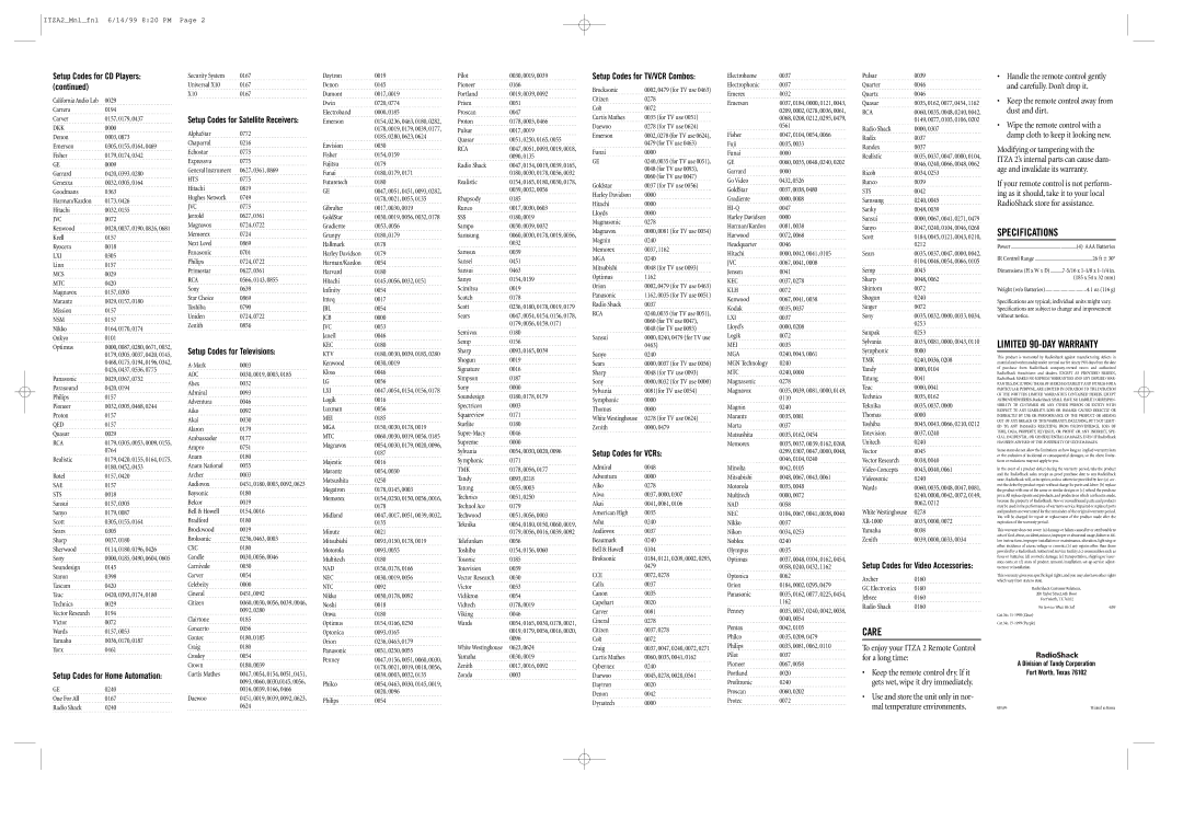 Radio Shack ITZA 2 manual Care, Specifications, Limited 90-DAY Warranty, Setup Codes for Televisions, Setup Codes for VCRs 