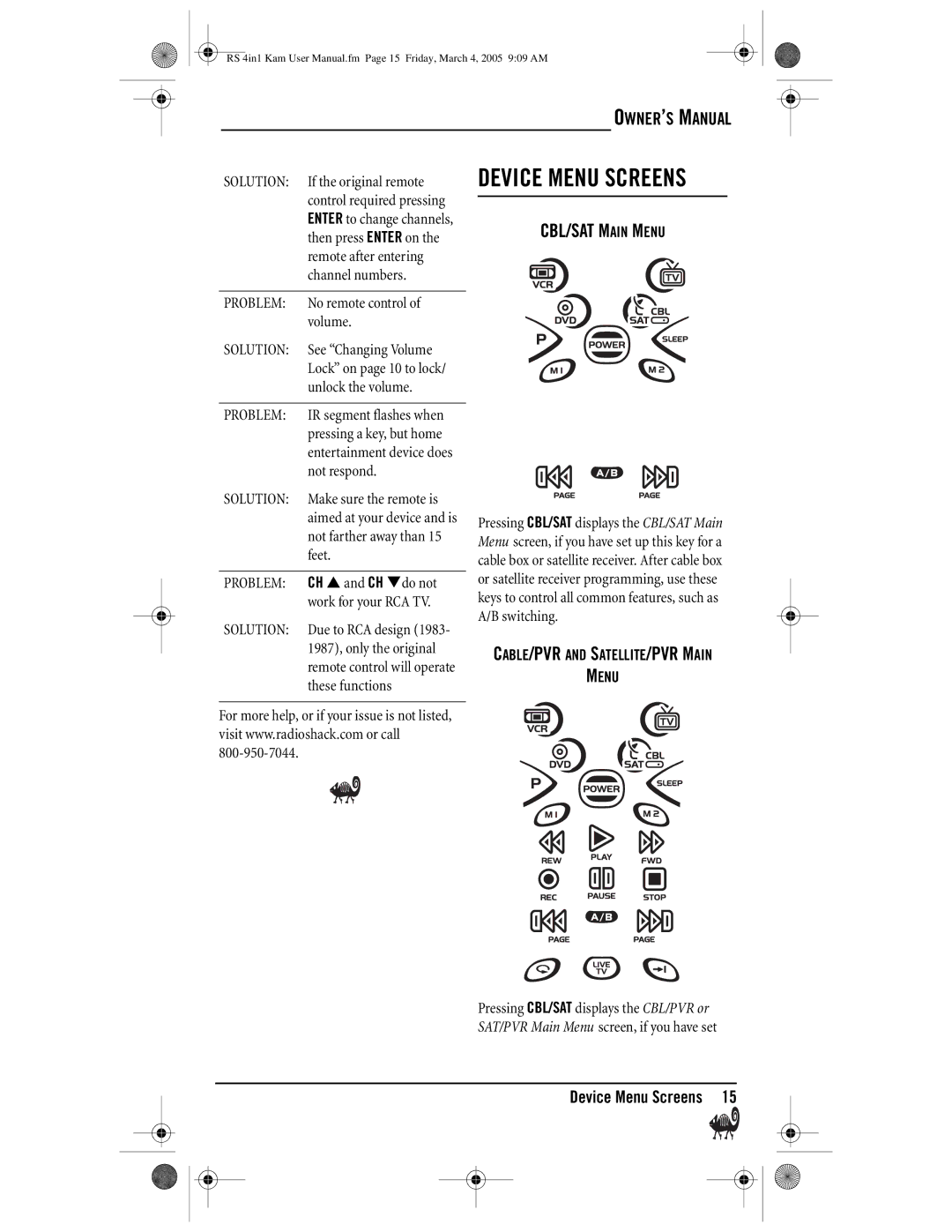 Radio Shack Kameleon 4-in-One owner manual Device Menu Screens, Problem No remote control of volume 