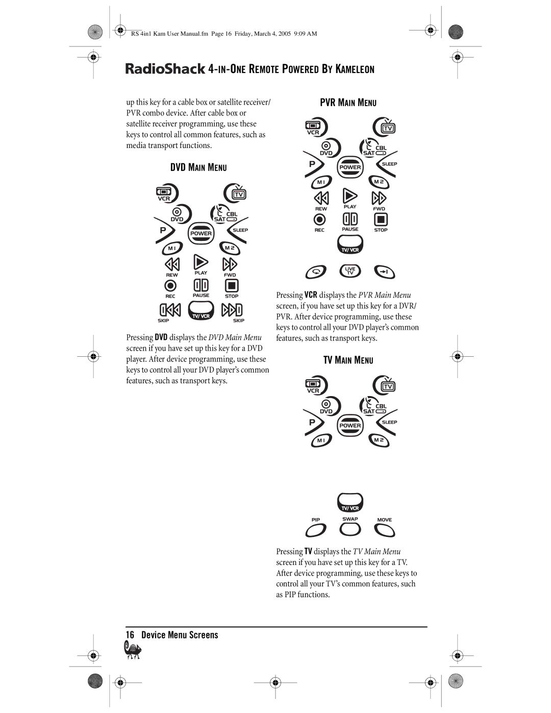 Radio Shack Kameleon 4-in-One owner manual DVD Main Menu, PVR Main Menu, TV Main Menu 