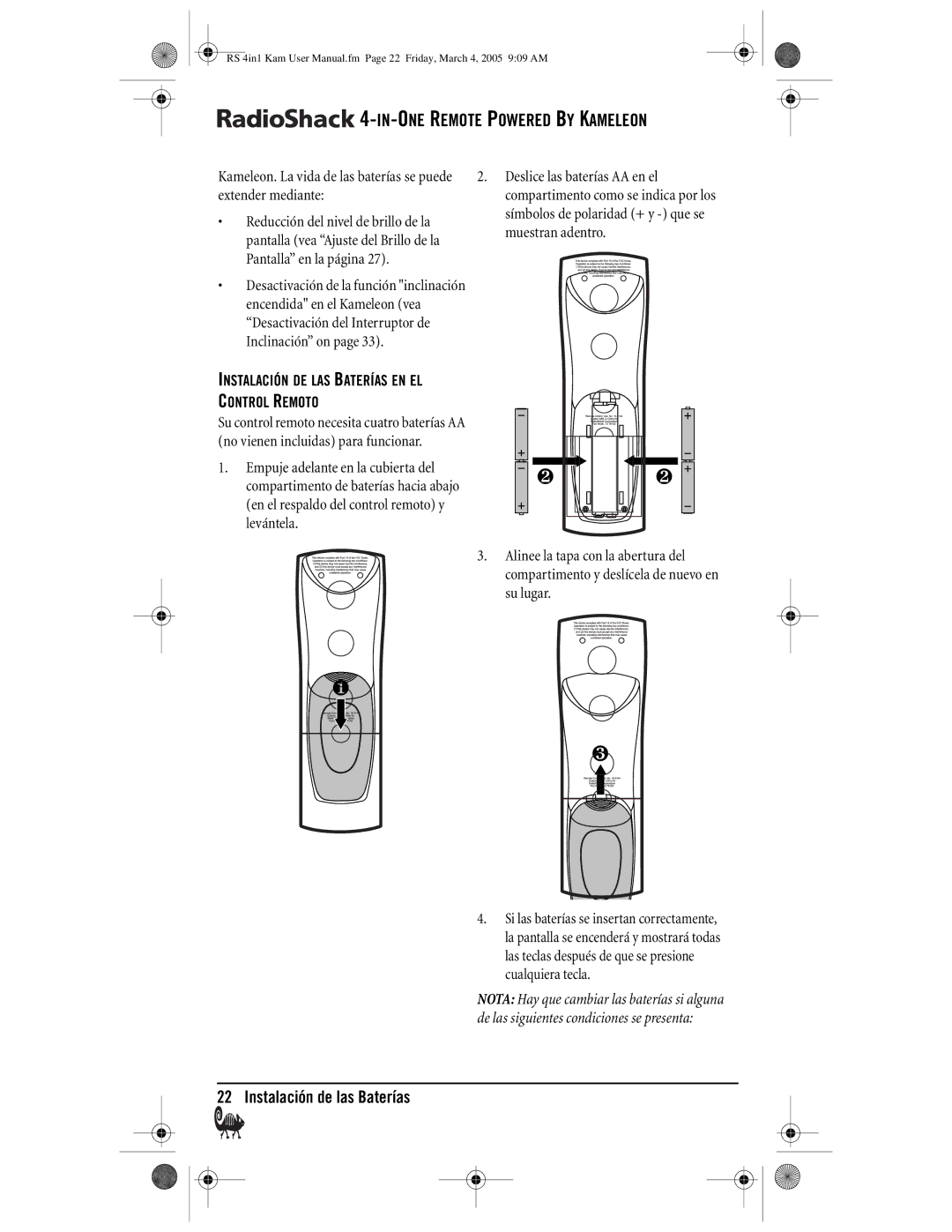 Radio Shack Kameleon 4-in-One Instalación de las Baterías, Instalación DE LAS Baterías EN EL Control Remoto, Su lugar 
