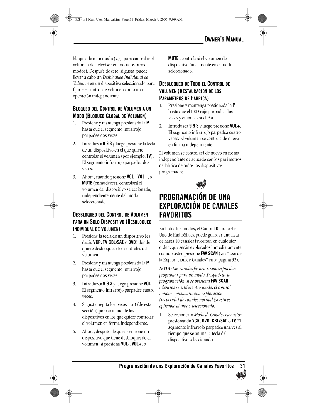 Radio Shack Kameleon 4-in-One owner manual Programación de una Exploración de Canales Favoritos, Individual DE Volumen 