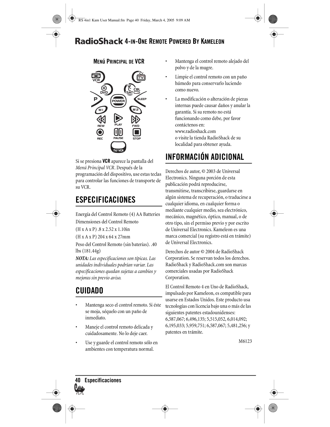 Radio Shack Kameleon 4-in-One owner manual Especificaciones, Cuidado, Información Adicional 