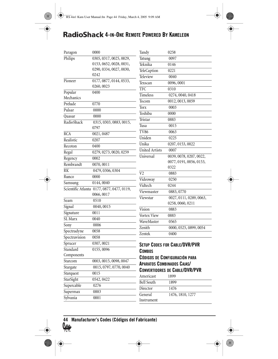 Radio Shack Kameleon 4-in-One owner manual 0177, 0877, 0477, 0066, Tfc, 0310 