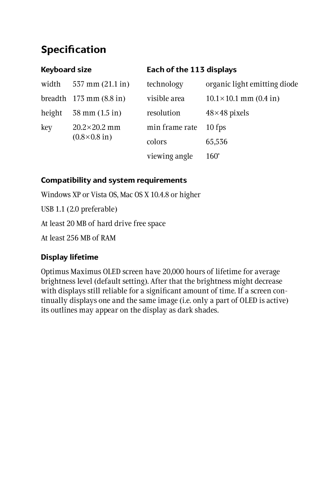 Radio Shack user manual Specification, Keyboard size, Each of the 113 displays, Compatibility and system requirements 