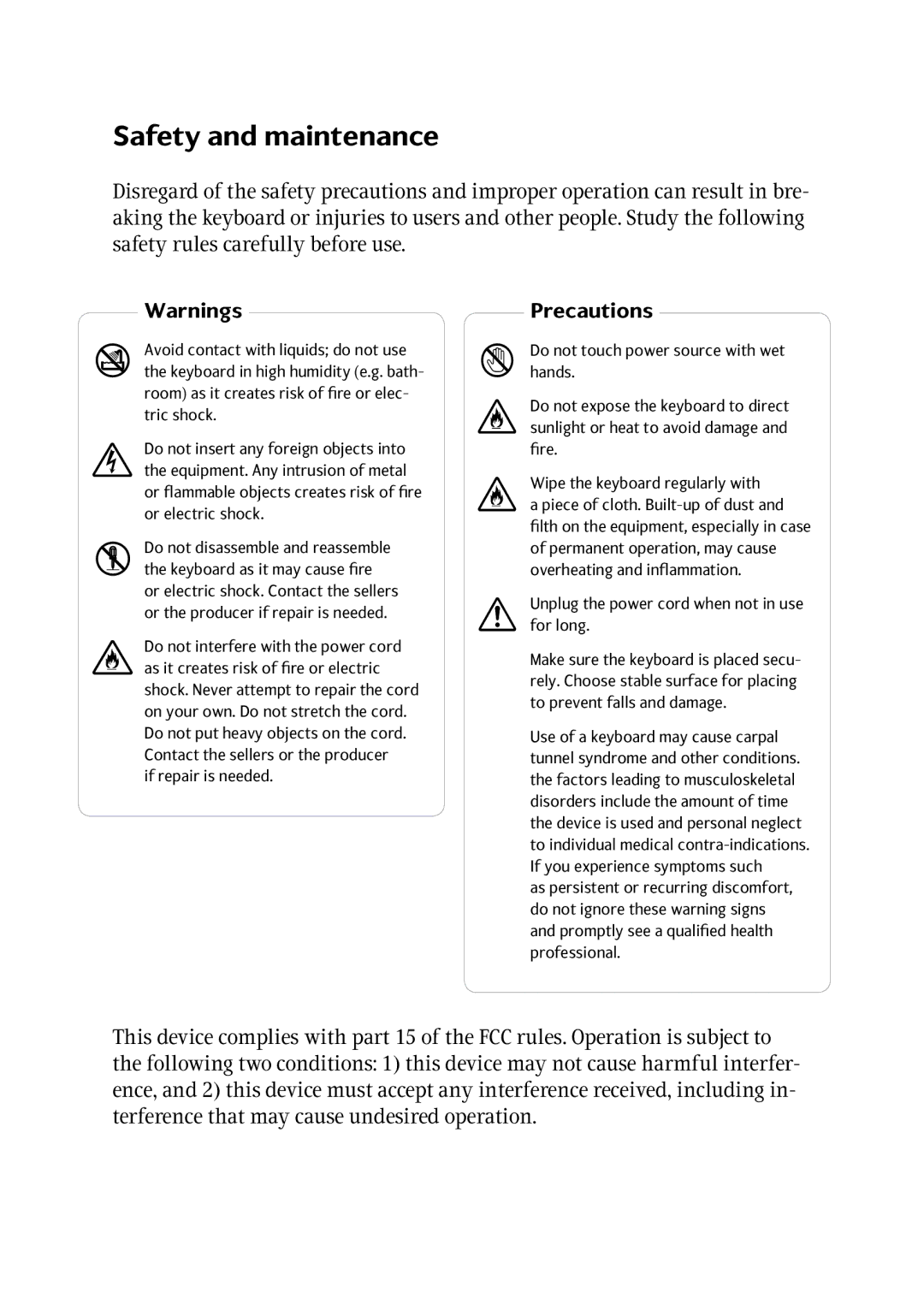 Radio Shack Keyboard user manual Safety and maintenance, Precautions 