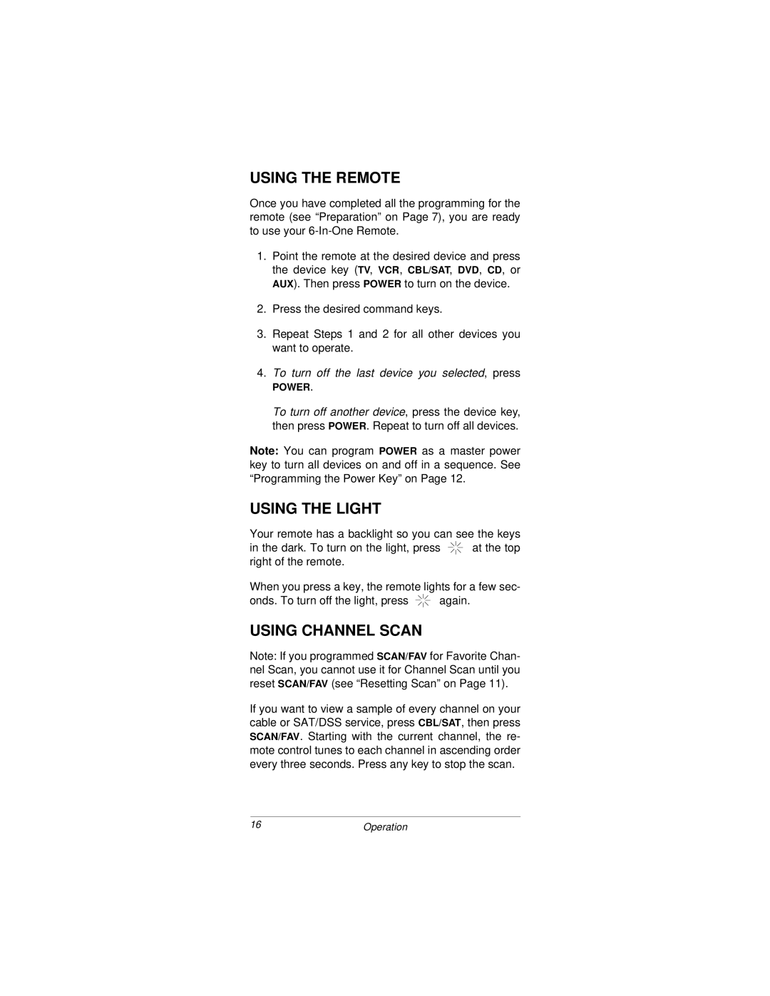 Radio Shack Light and Learn Remote owner manual Using the Remote, Using the Light, Using Channel Scan 