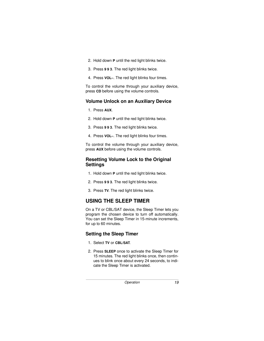 Radio Shack Light and Learn Remote Using the Sleep Timer, Volume Unlock on an Auxiliary Device, Setting the Sleep Timer 