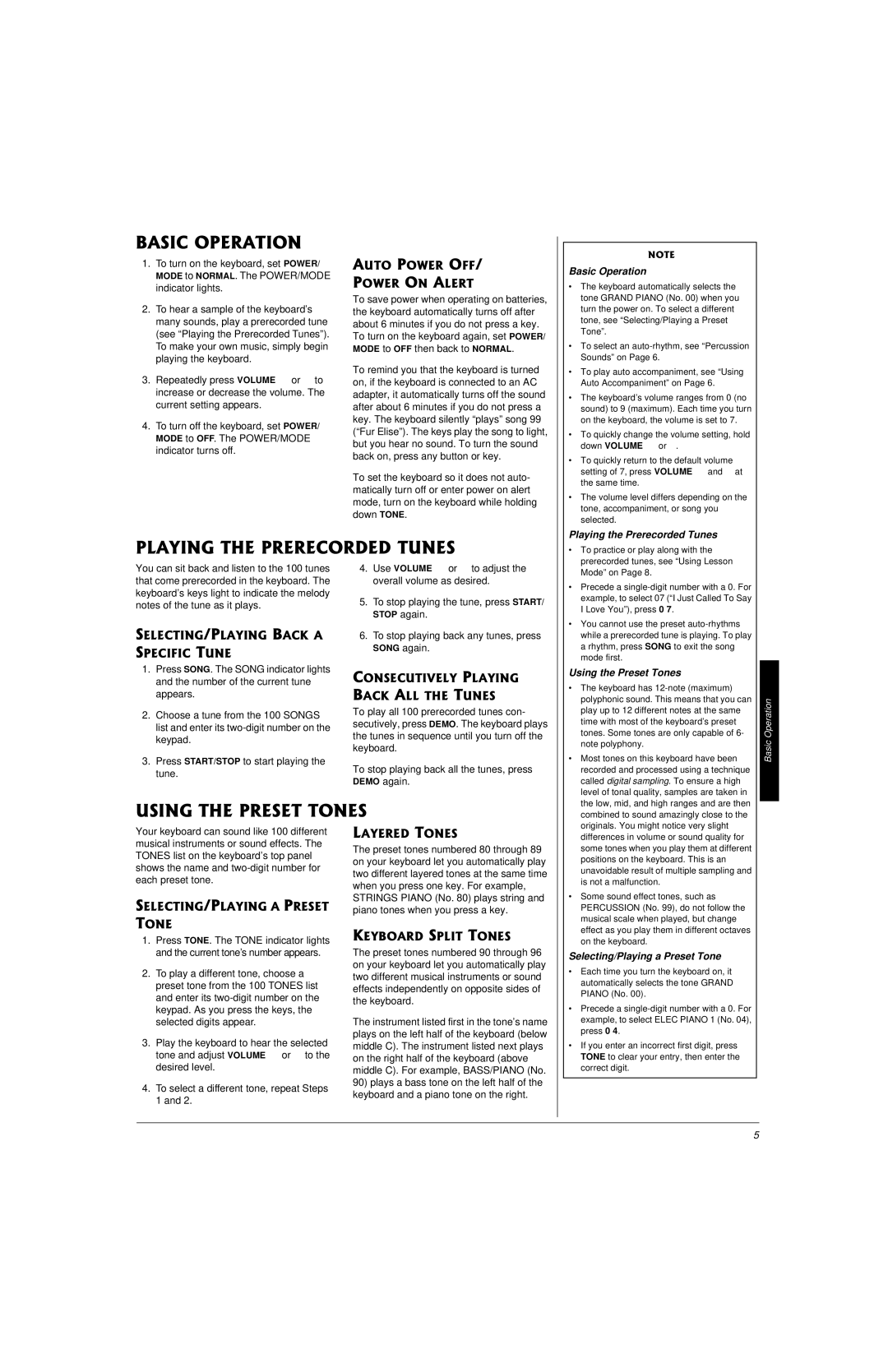 Radio Shack LK-1161 owner manual Basic Operation, Playing the Prerecorded Tunes, Using the Preset Tones 