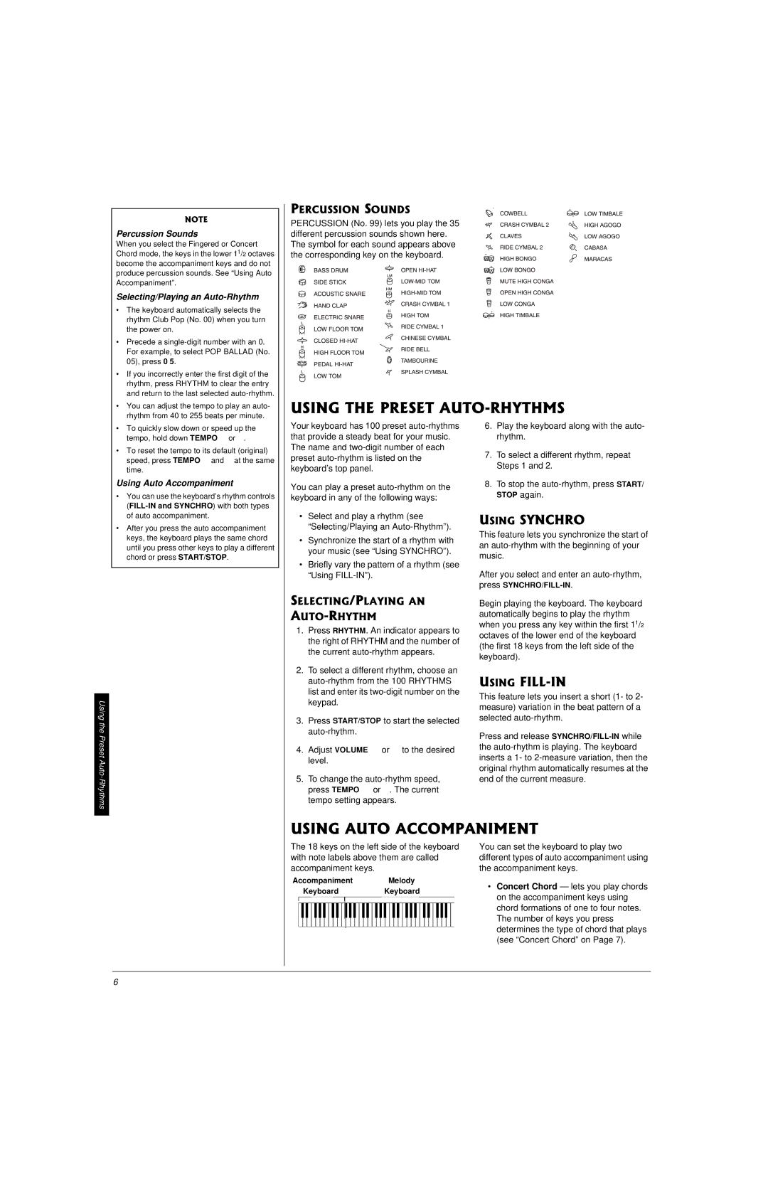 Radio Shack LK-1161 owner manual Percussion Sounds, Selecting/Playing an Auto-Rhythm, Using Auto Accompaniment 