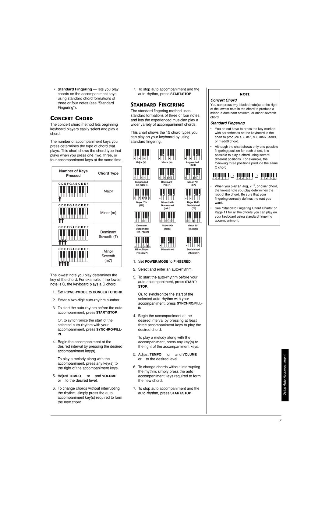 Radio Shack LK-1161 owner manual Standard Fingering, Set POWER/MODE to Fingered, Set POWER/MODE to Concert Chord 