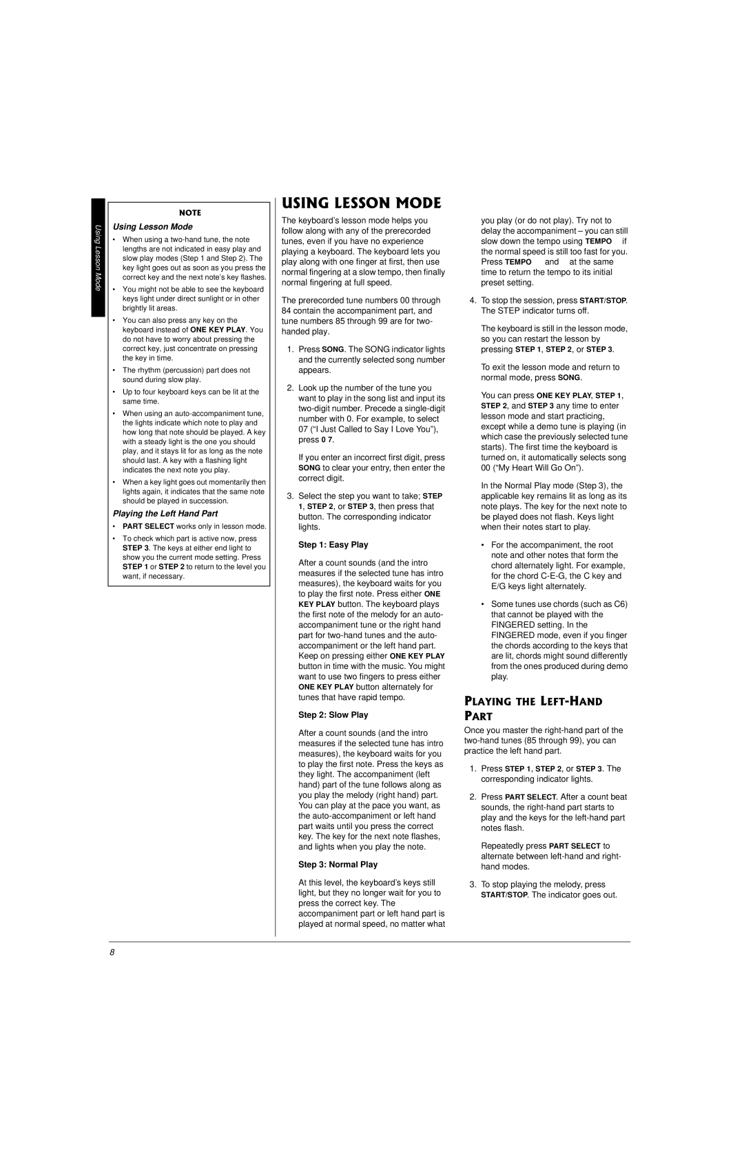 Radio Shack LK-1161 owner manual Using Lesson Mode, Playing the Left Hand Part, You can press ONE KEY PLAY, Step 