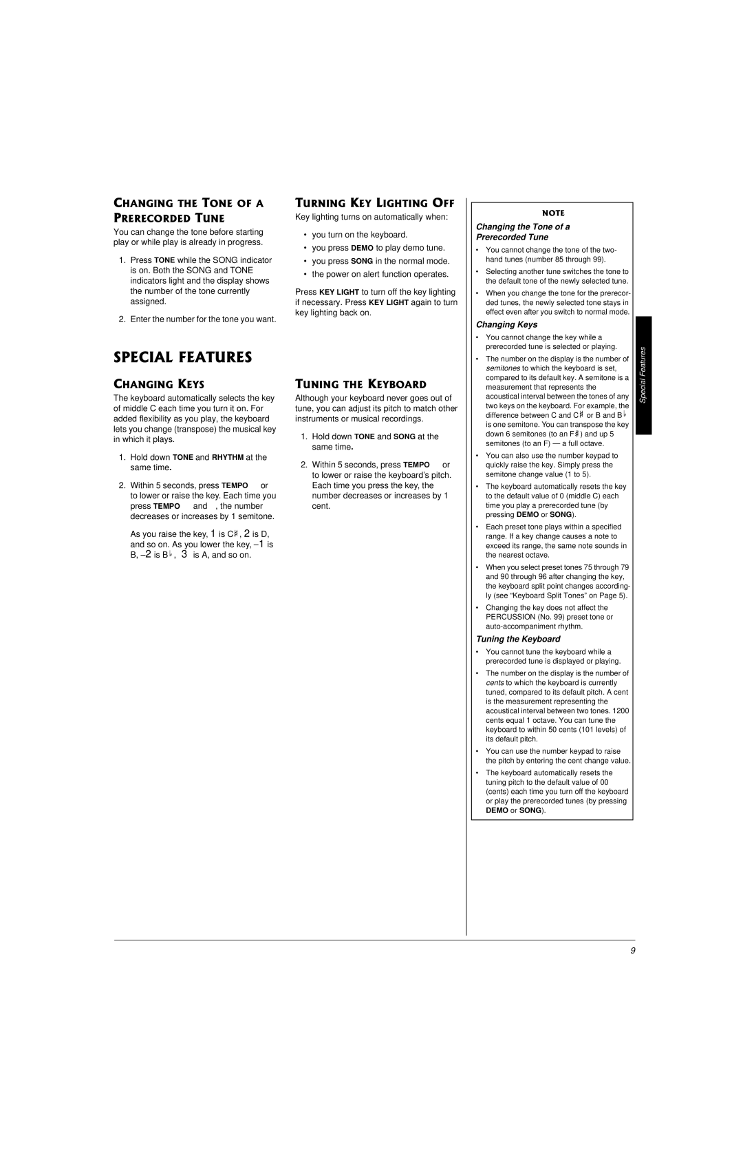 Radio Shack LK-1161 owner manual Changing the Tone of a Prerecorded Tune, Changing Keys, Tuning the Keyboard 