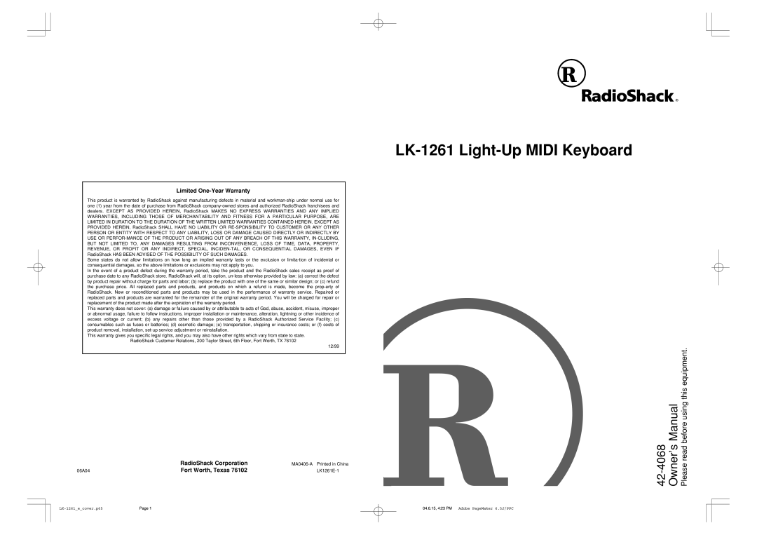 Radio Shack LK-1261 owner manual Limited One-Year Warranty, RadioShack Corporation, Fort Worth, Texas 