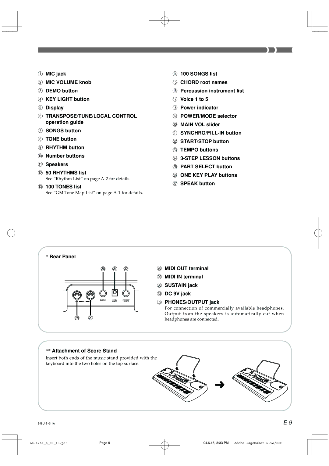 Radio Shack LK-1261 owner manual Tones list, Attachment of Score Stand 