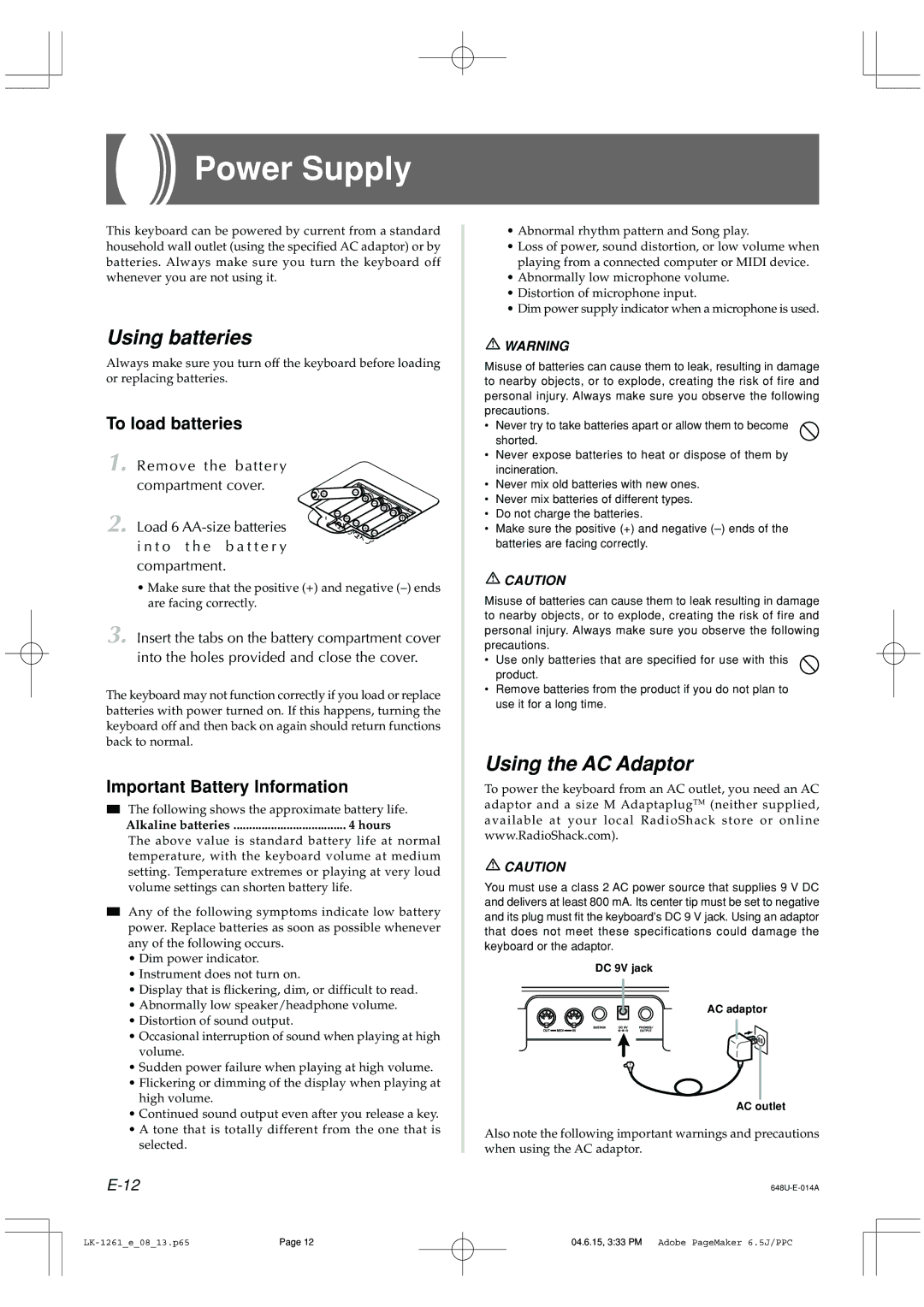 Radio Shack LK-1261 Power Supply, Using batteries, Using the AC Adaptor, To load batteries, Important Battery Information 