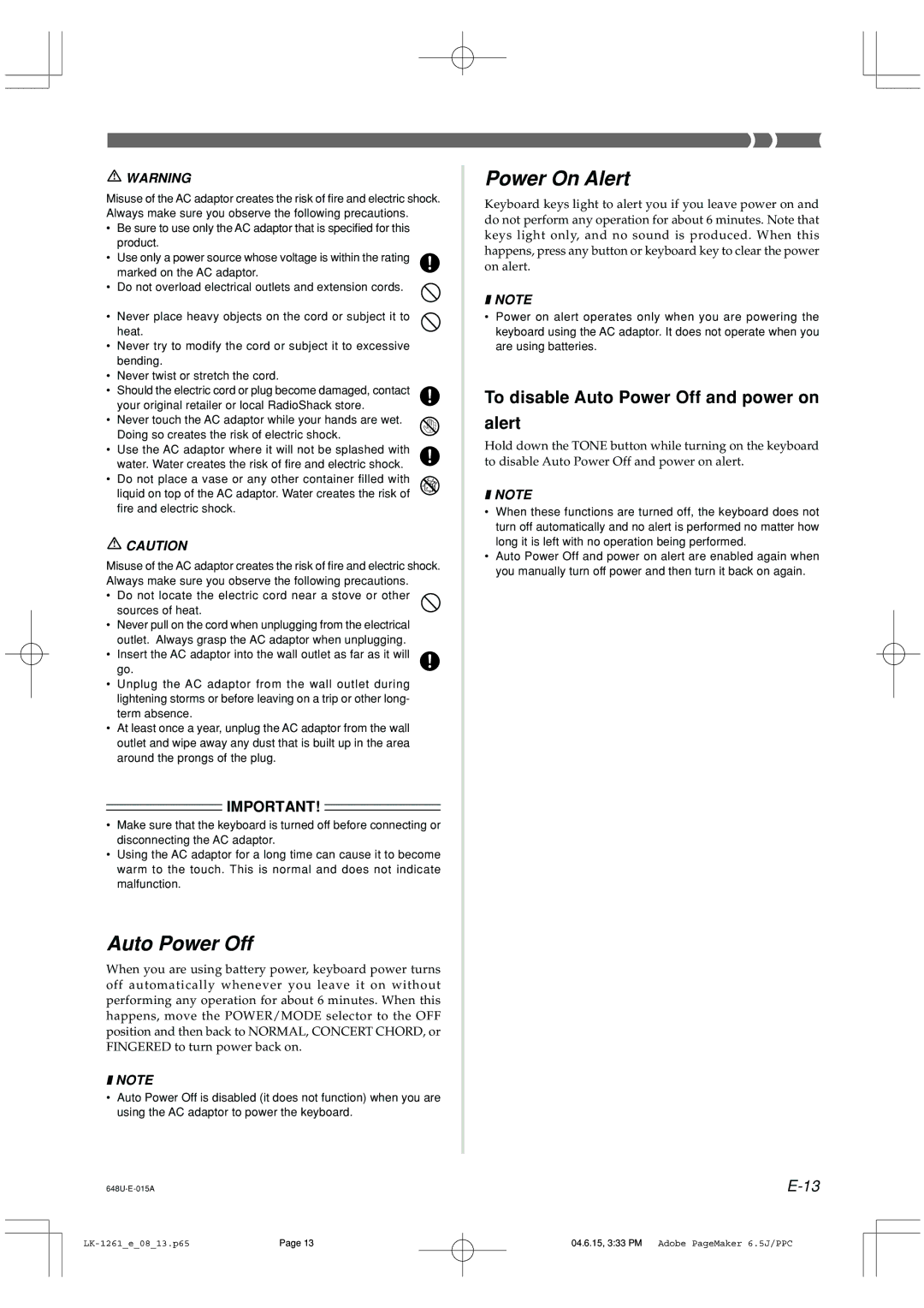 Radio Shack LK-1261 owner manual Power On Alert, To disable Auto Power Off and power on Alert 