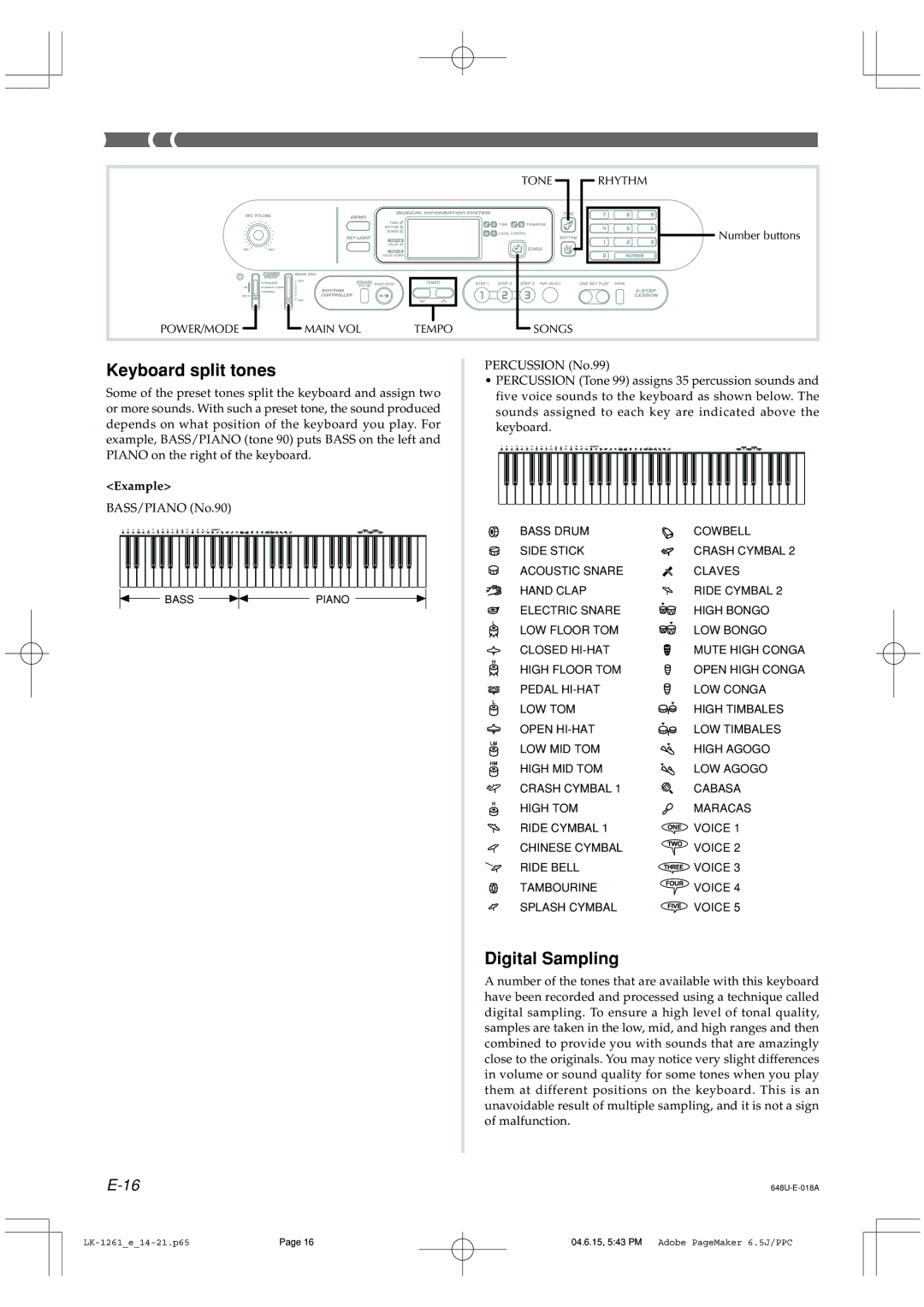 Radio Shack LK-1261 owner manual Keyboard split tones, Digital Sampling, Example 