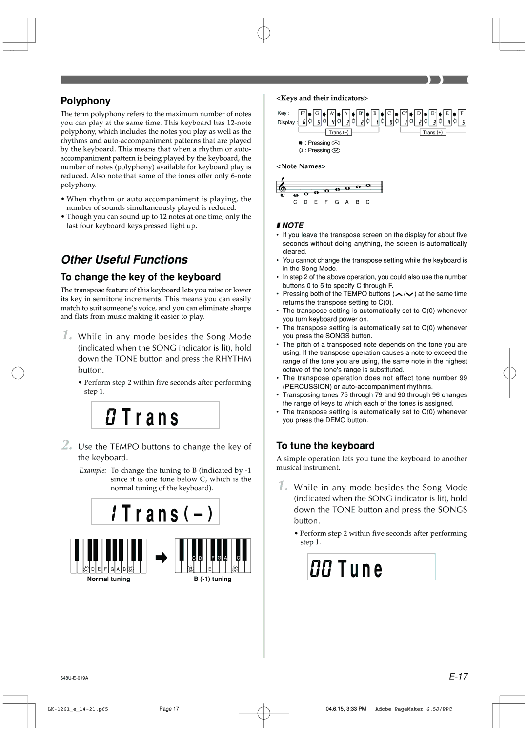 Radio Shack LK-1261 owner manual Other Useful Functions, Polyphony, To change the key of the keyboard, To tune the keyboard 