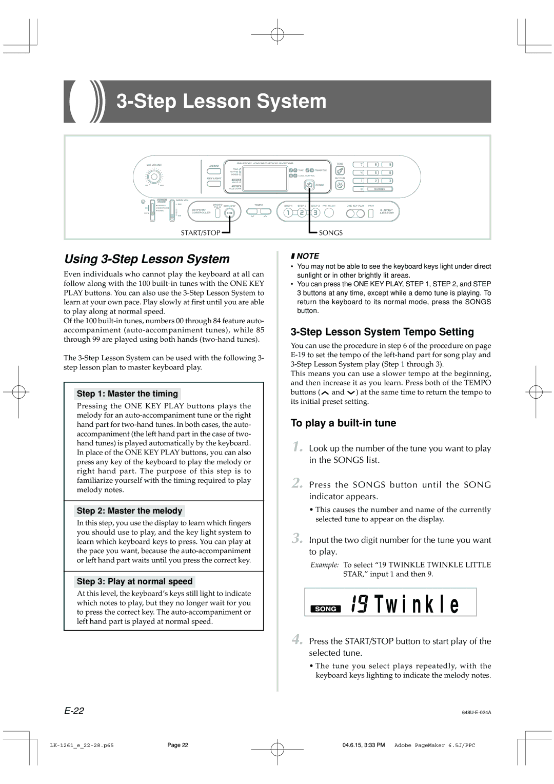 Radio Shack LK-1261 owner manual Using 3-Step Lesson System, Step Lesson System Tempo Setting, To play a built-in tune 