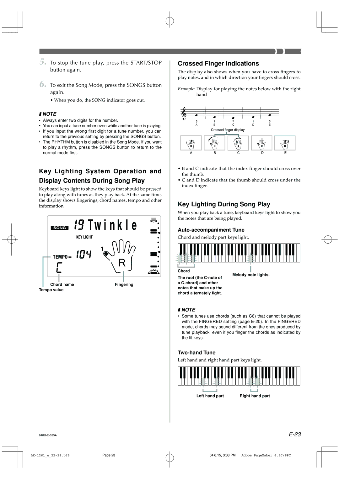 Radio Shack LK-1261 Crossed Finger Indications, Key Lighting During Song Play, Auto-accompaniment Tune, Two-hand Tune 