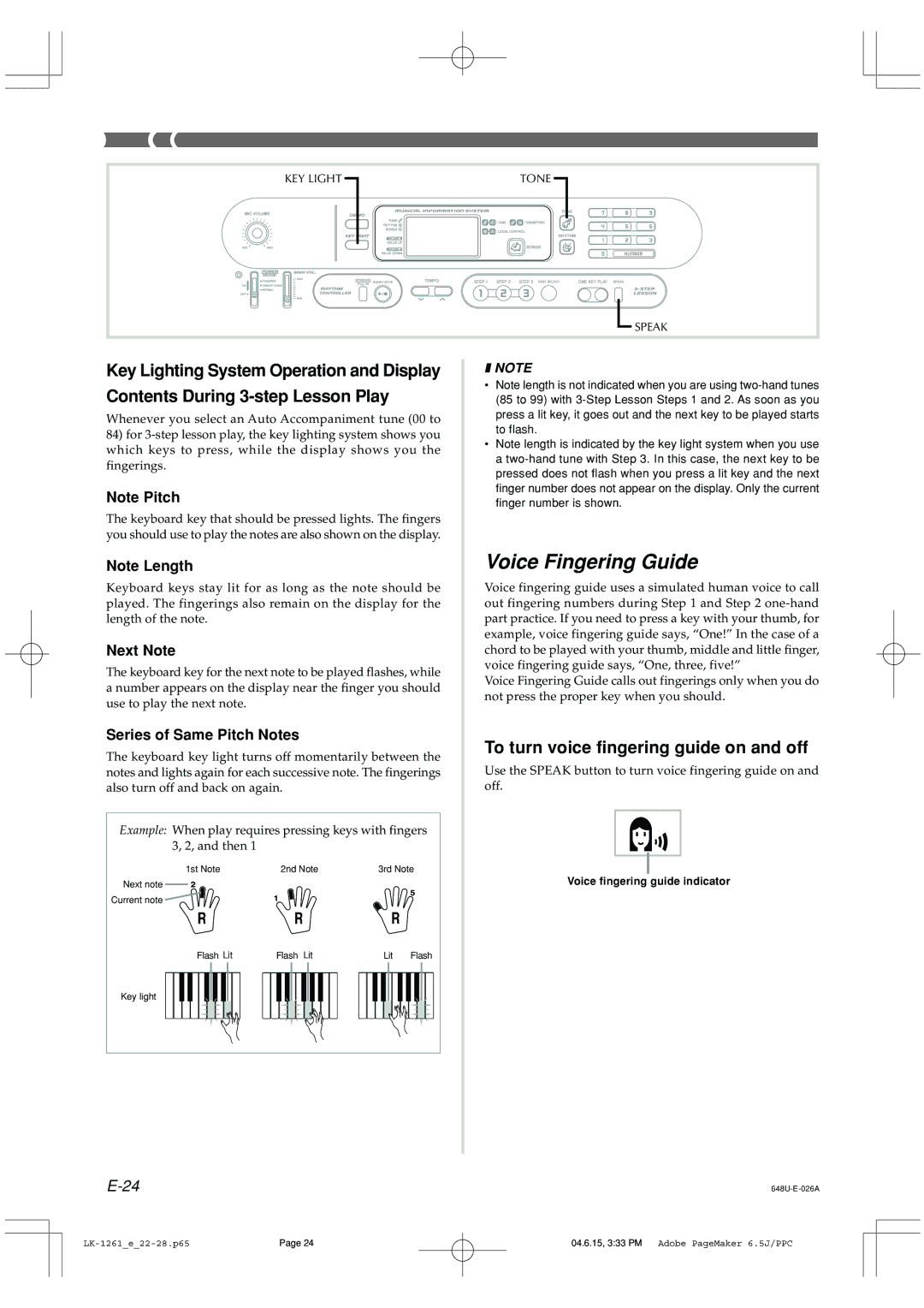 Radio Shack LK-1261 owner manual Voice Fingering Guide, To turn voice fingering guide on and off 