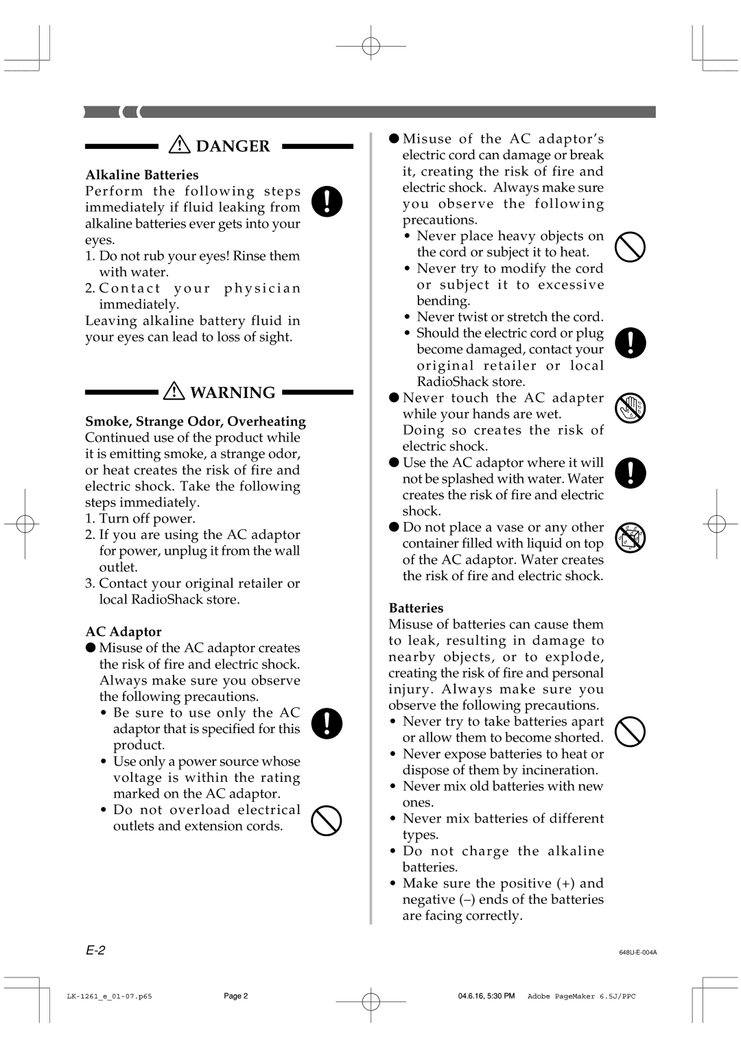 Radio Shack LK-1261 owner manual Alkaline Batteries 