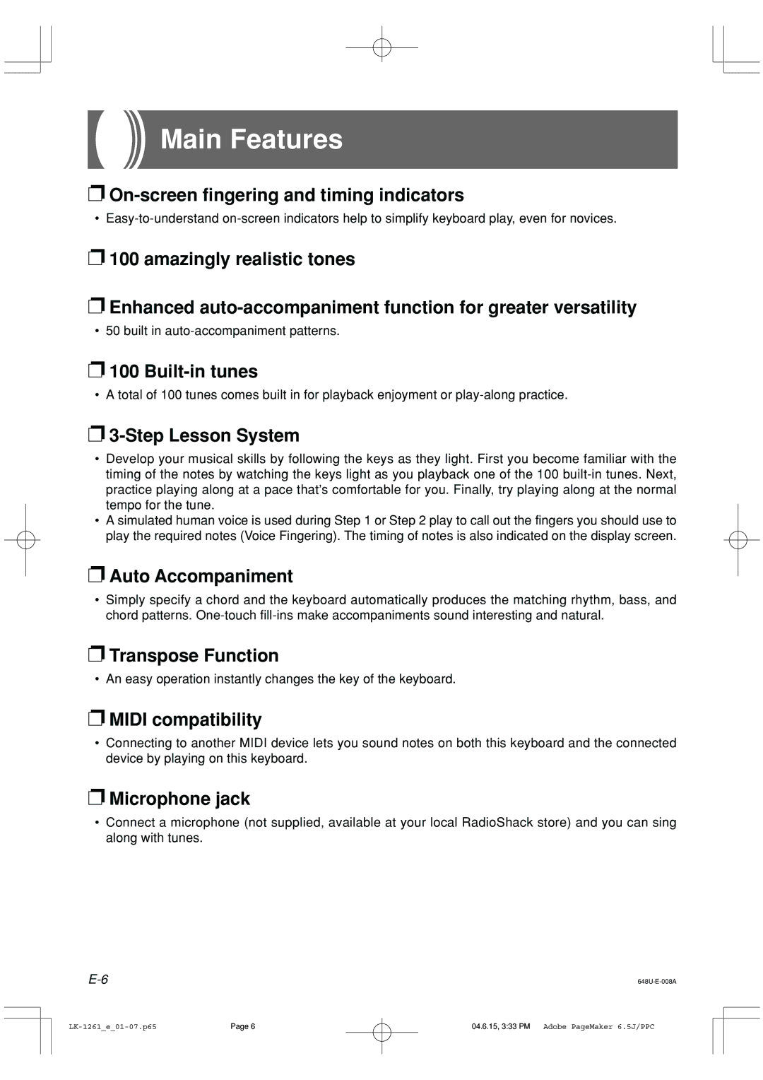 Radio Shack LK-1261 owner manual Main Features, Step Lesson System 