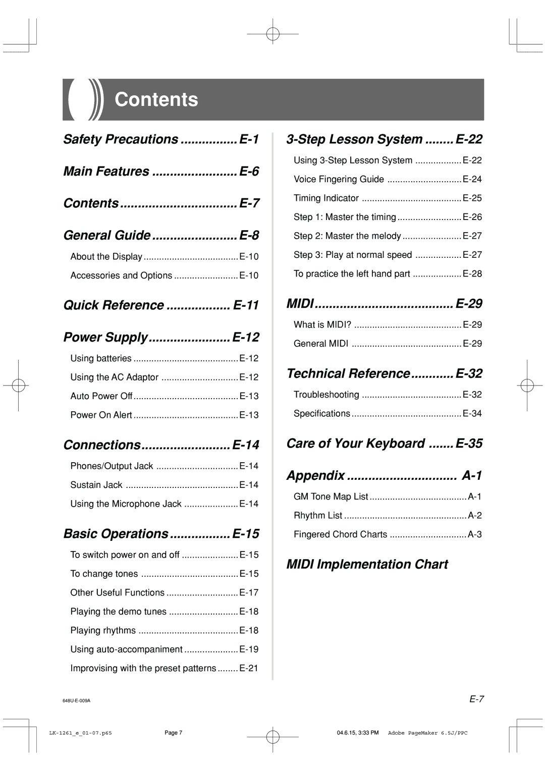 Radio Shack LK-1261 owner manual Contents 