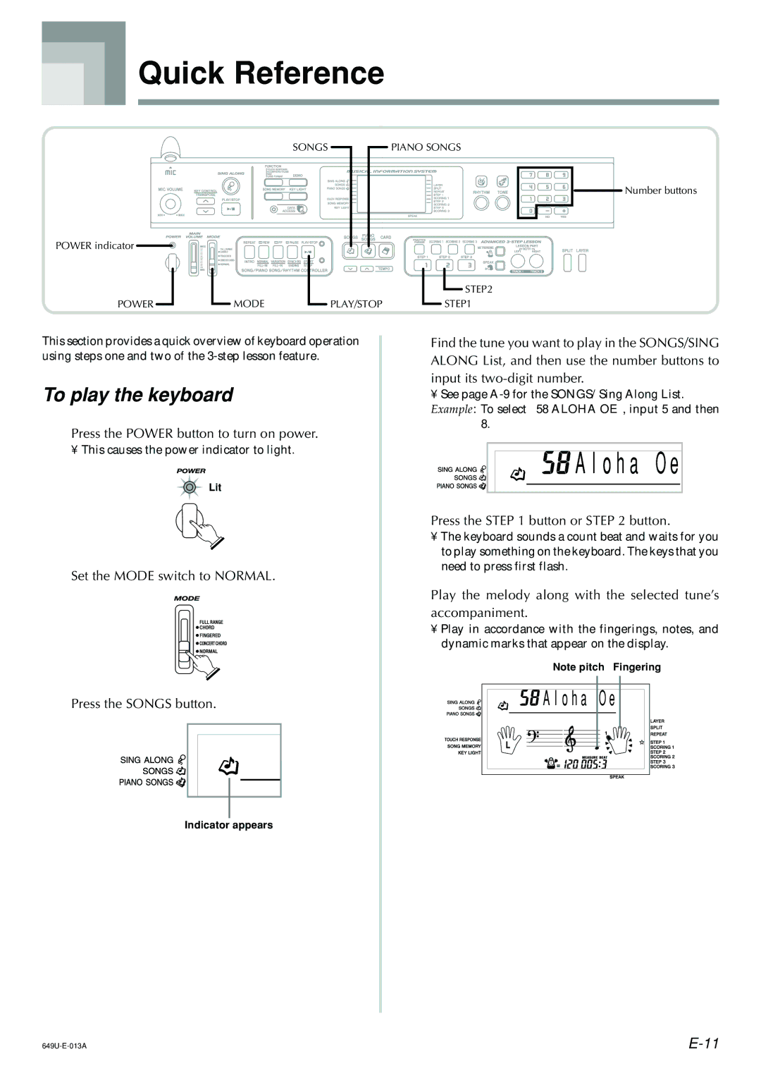 Radio Shack LK-1500 owner manual Quick Reference, To play the keyboard, Press the Power button to turn on power 