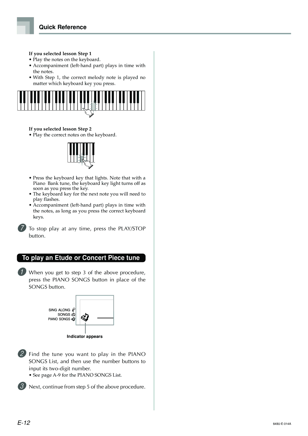 Radio Shack LK-1500 To play an Etude or Concert Piece tune, Quick Reference, Next, continue from of the above procedure 