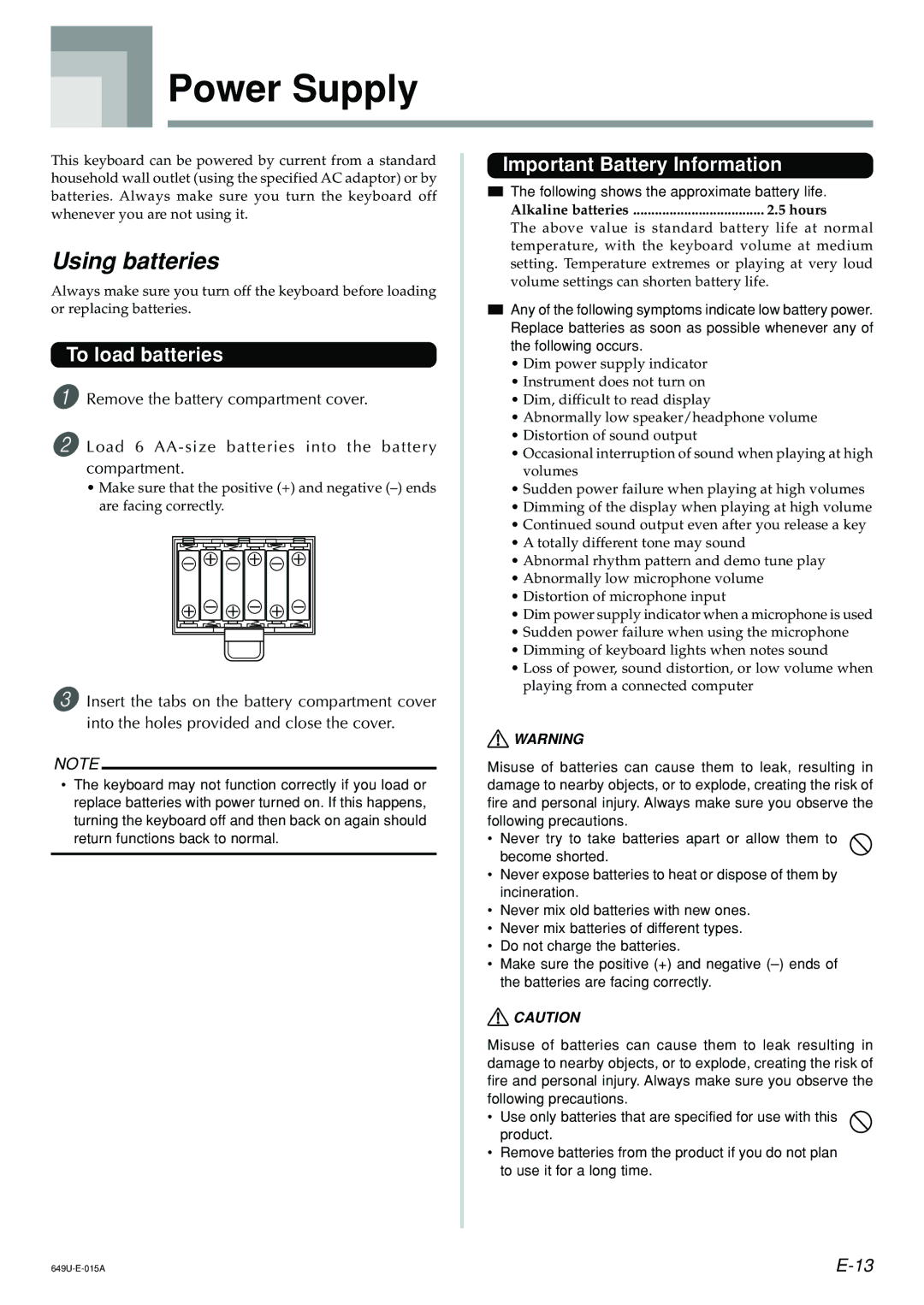 Radio Shack LK-1500 owner manual Power Supply, Using batteries, To load batteries, Important Battery Information 