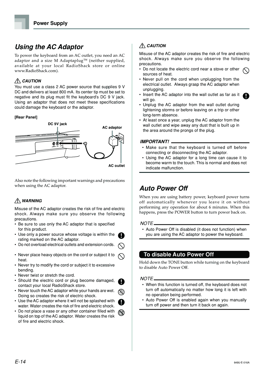 Radio Shack LK-1500 owner manual Using the AC Adaptor, To disable Auto Power Off, Power Supply 