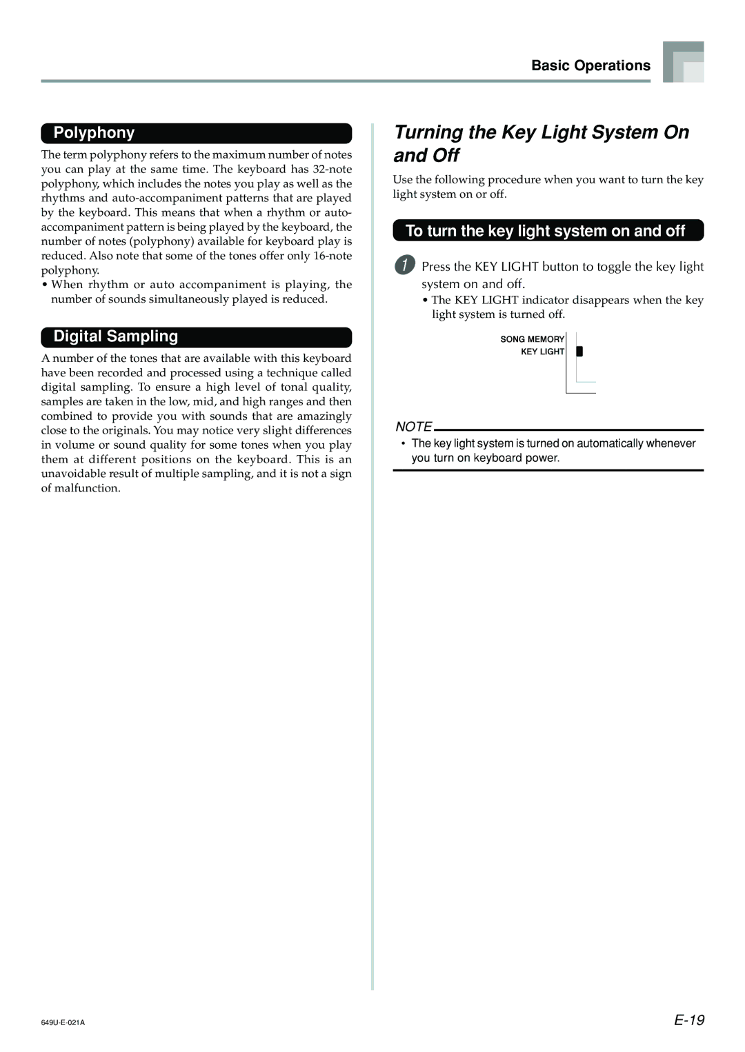 Radio Shack LK-1500 owner manual Turning the Key Light System On and Off, Polyphony, Digital Sampling, Basic Operations 