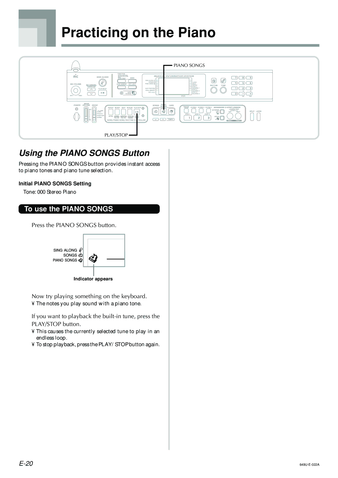 Radio Shack LK-1500 owner manual Practicing on the Piano, Using the Piano Songs Button, To use the Piano Songs 