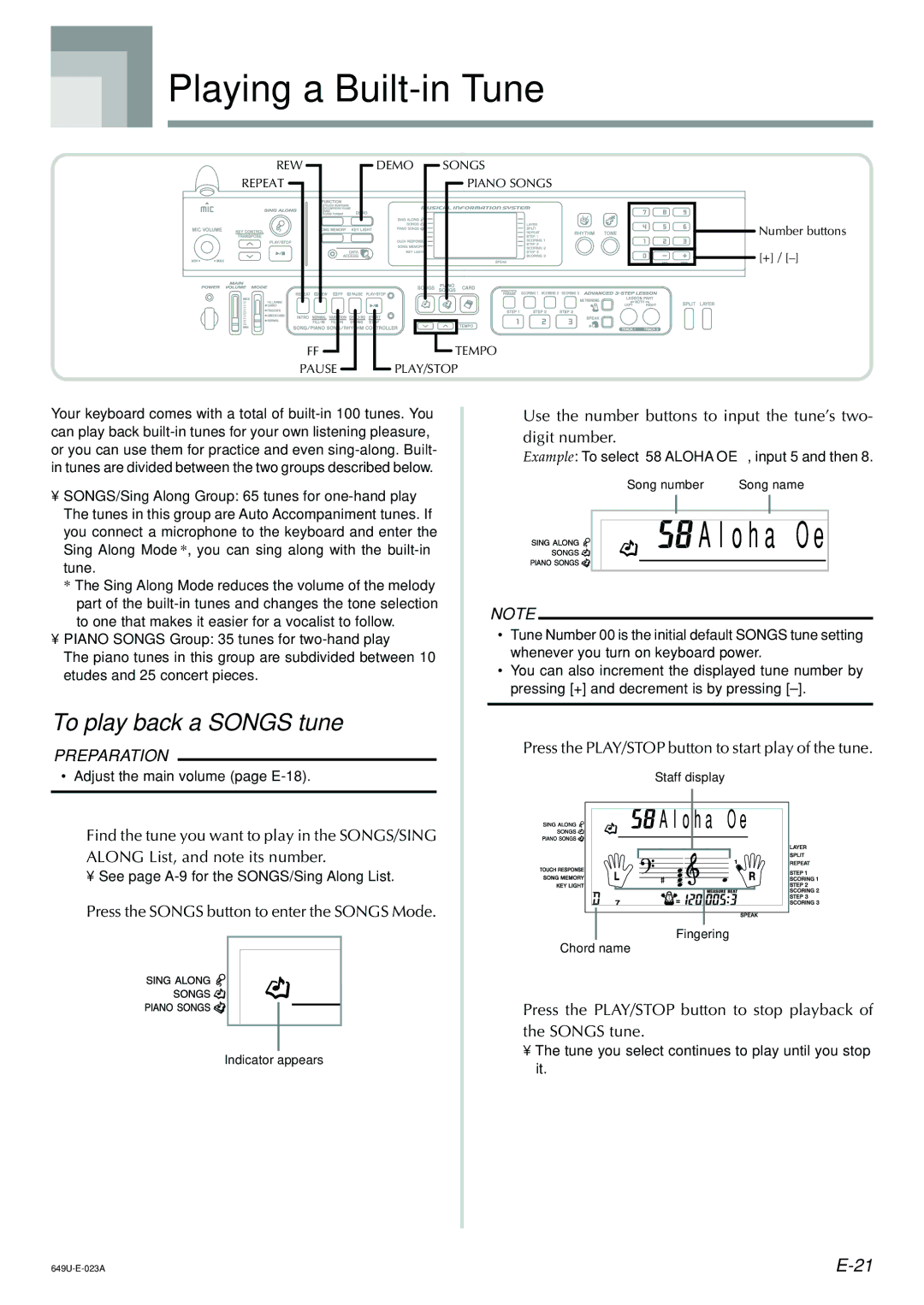 Radio Shack LK-1500 owner manual Playing a Built-in Tune, To play back a Songs tune 