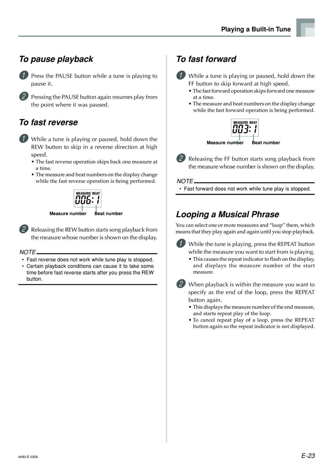 Radio Shack LK-1500 owner manual To pause playback, To fast reverse, To fast forward, Looping a Musical Phrase 