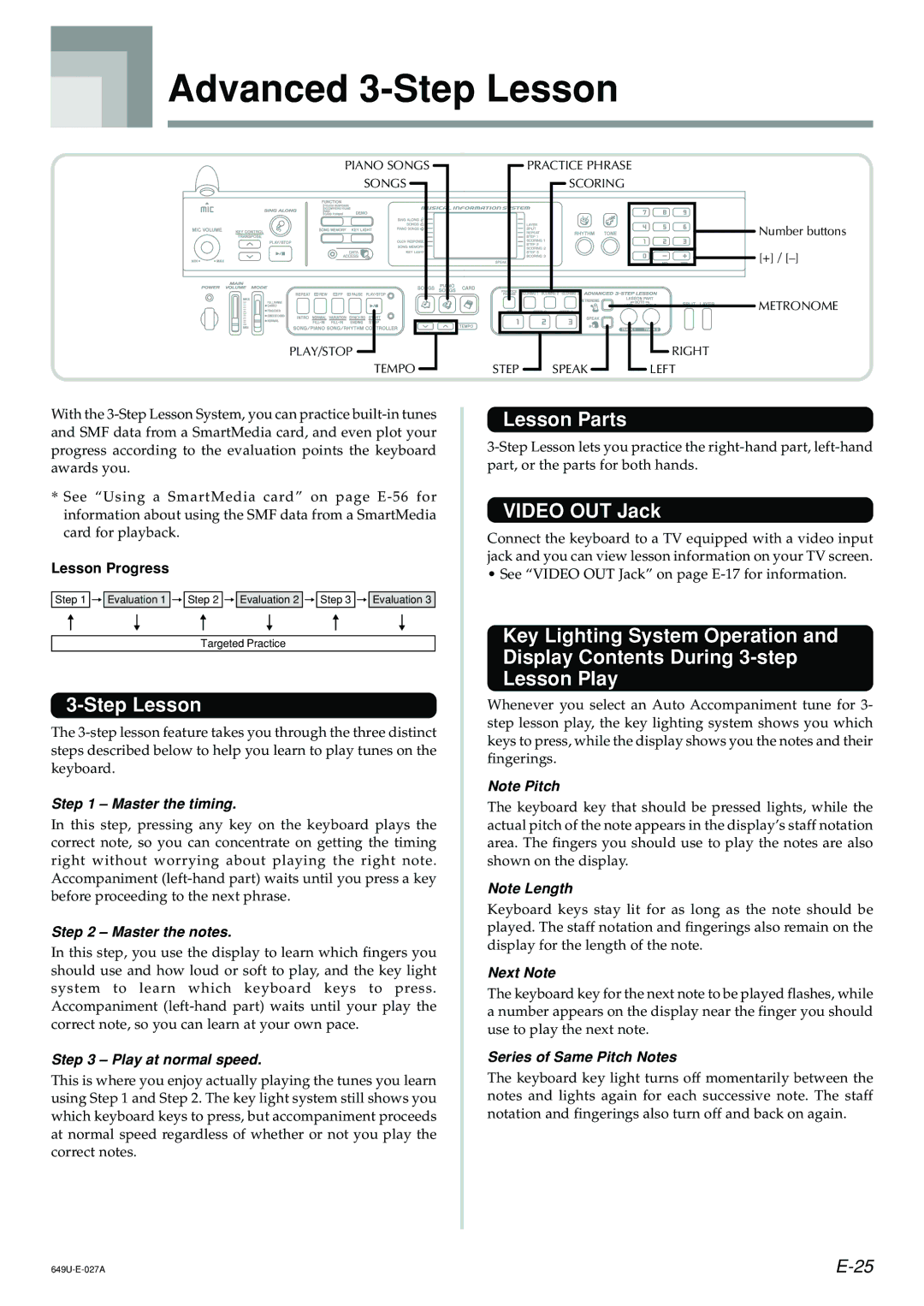 Radio Shack LK-1500 owner manual Advanced 3-Step Lesson, Lesson Parts, Video OUT Jack 