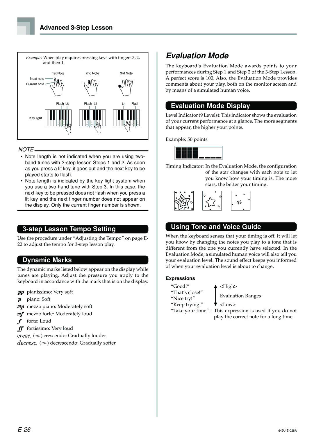 Radio Shack LK-1500 Evaluation Mode Display, Step Lesson Tempo Setting Using Tone and Voice Guide, Dynamic Marks 