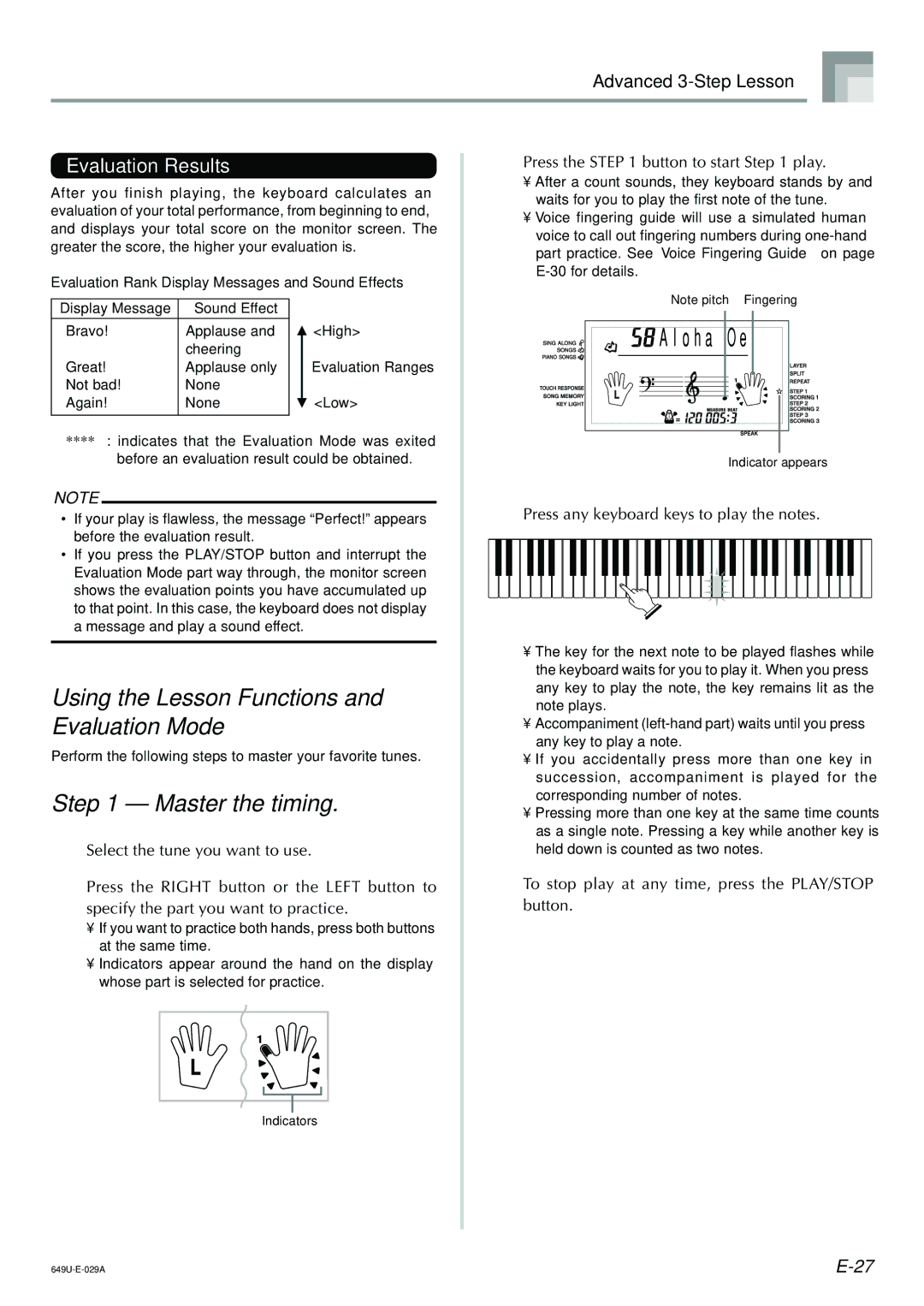 Radio Shack LK-1500 owner manual Using the Lesson Functions, Master the timing, Evaluation Results 