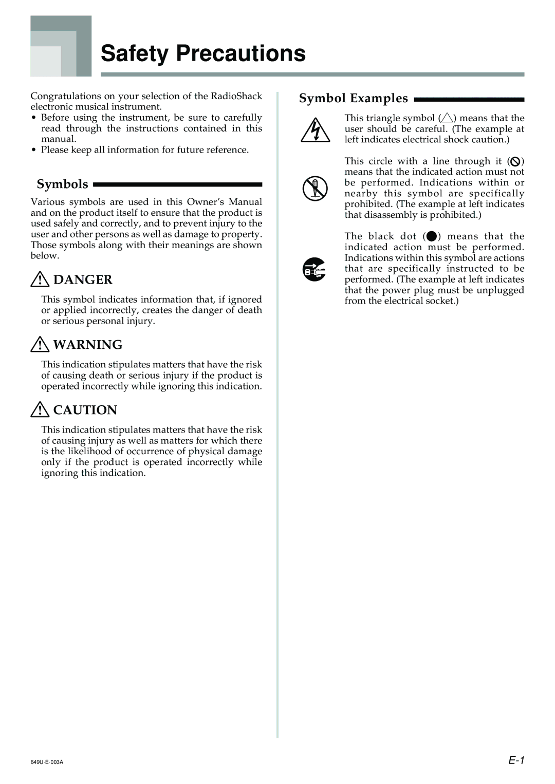 Radio Shack LK-1500 owner manual Safety Precautions, Symbols 