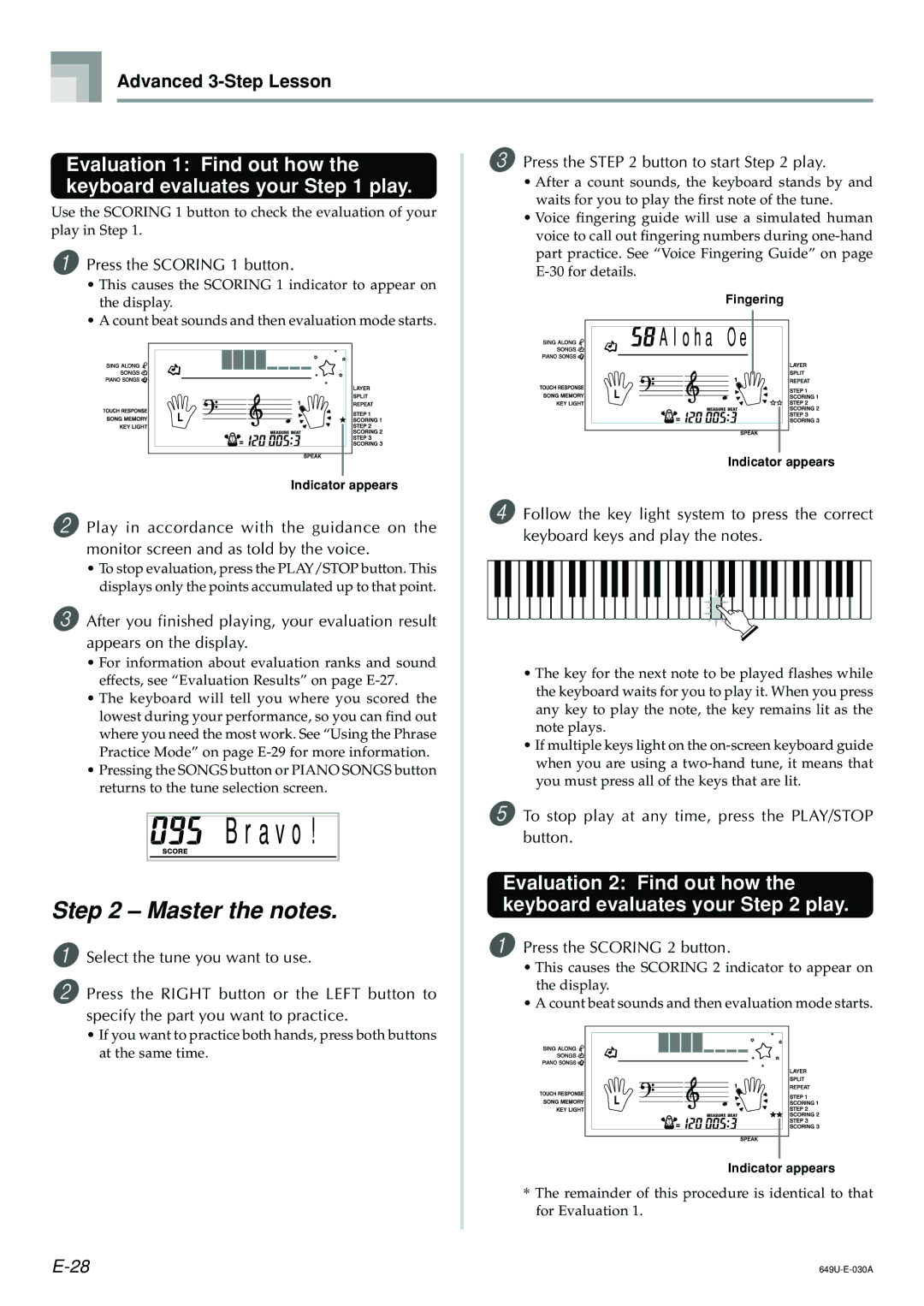 Radio Shack LK-1500 owner manual A v o, Master the notes, Evaluation 1 Find out how, Keyboard evaluates your play 